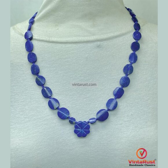 Blue Lapis Lazuli Necklace with Flower Pendant: Handmade Gemstone Jewelry - Picture 1 of 6